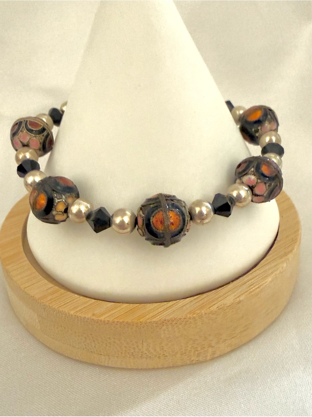 Emily Ray 925 Sterling Silver Beaded Bracelet Crystal Artisan Orange Black
